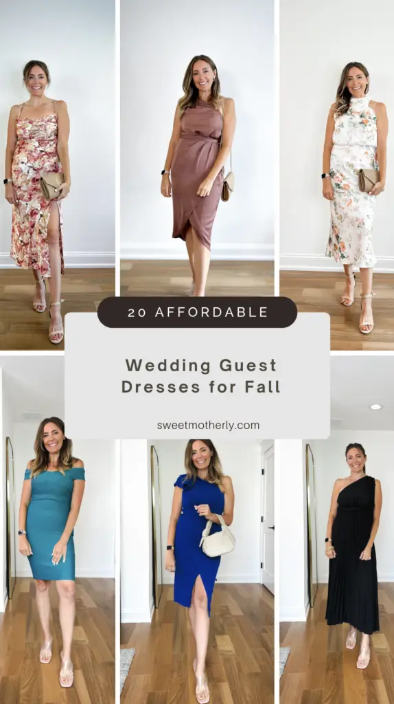 20-Affordable-Wedding-Guest-Dresses-for-Fall - Sweet Motherly A collage of wedding guest dresses for fall